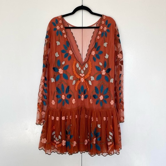 Free People | Tan bronze floral embroidered mini dress | Size S | NWT - Picture 6 of 8
